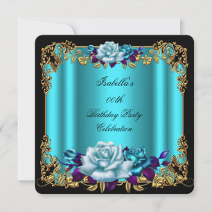 Elegant Golden Teal Blue Purple Roses Birthday 2 Invitation
