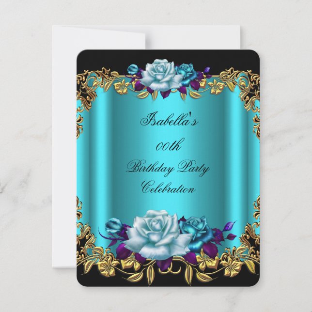 Elegant Golden Teal Blue Purple Roses Birthday Invitation (Front)