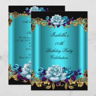 Elegant Golden Teal Blue Purple Roses Birthday Invitation