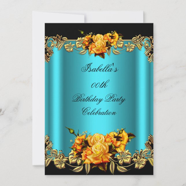 Elegant Golden Teal Blue Yellow Roses Birthday Invitation (Front)