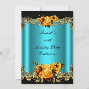 Elegant Golden Teal Blue Yellow Roses Birthday Invitation