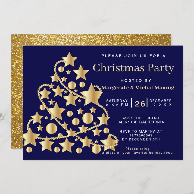 Elegant Golden Traditional Tree Christmas Party  Invitation (Front/Back)