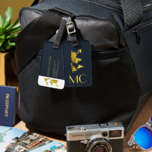 Elegant Golden Travel World Map Monogrammed Name  Luggage Tag