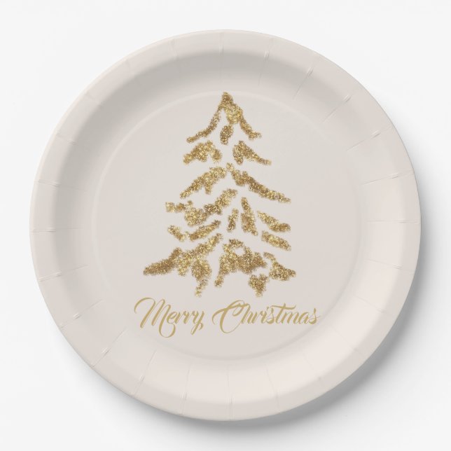 Elegant Golden Tree Merry Christmas Paper Plate (Front)