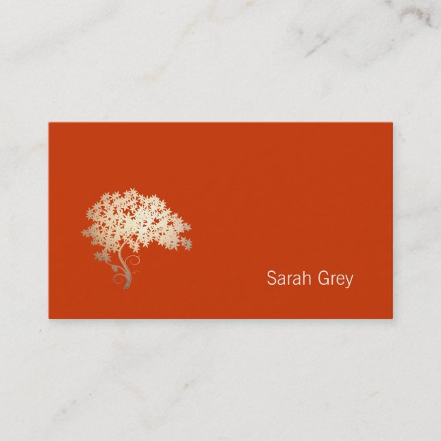 Elegant Golden Tree Simple Orange Business Card (Front)