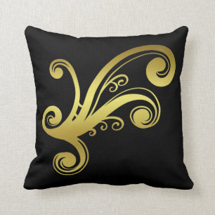 Elegant golden Victorian swirl on black decorative Cushion