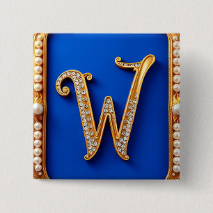Elegant Golden W Monogram Decorated With Pearls 15 Cm Square Badge