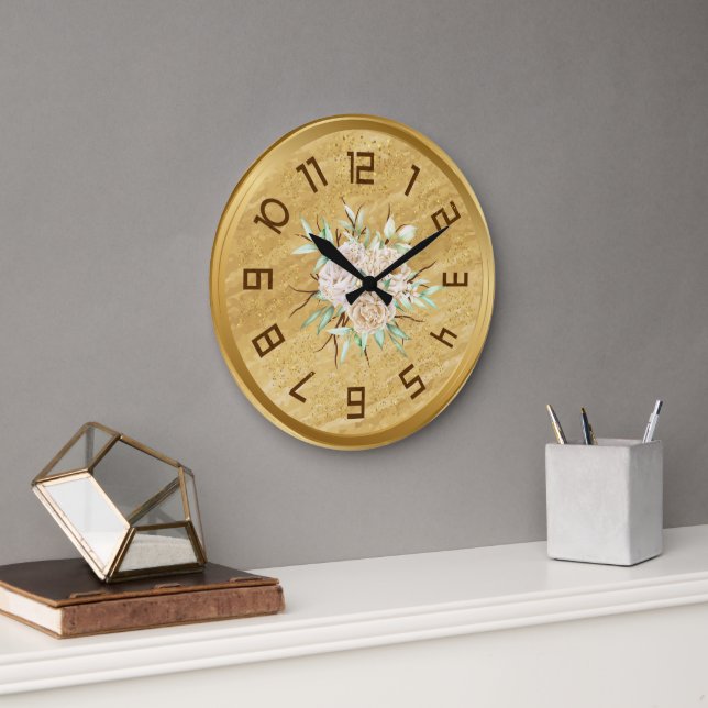 Elegant Golden Wall Clock With Flowers  (Office)