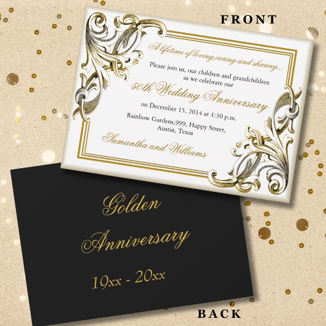 Elegant Golden Wedding Anniversary  Black And Gold Invitation (Creator Uploaded)