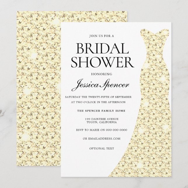Elegant Golden Wedding Dress Bridal Shower Invitation (Front/Back)