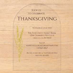 Elegant Golden Wheat Thanksgiving Acrylic Invitations