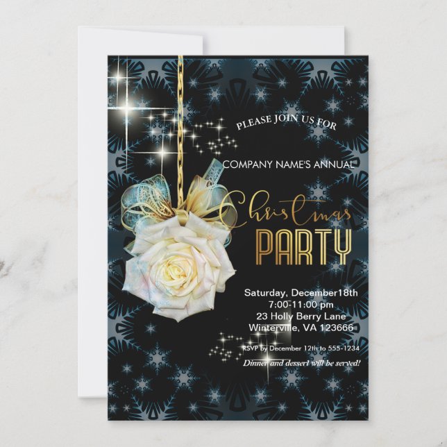 Elegant golden white rose chic Christmas Invitation (Front)