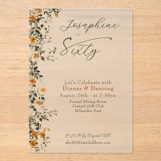 Elegant Golden Wildflower Named Sixtieth Birthday Acrylic Invitations (Front)