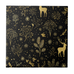 Elegant Golden Winter Forest Pattern Tile