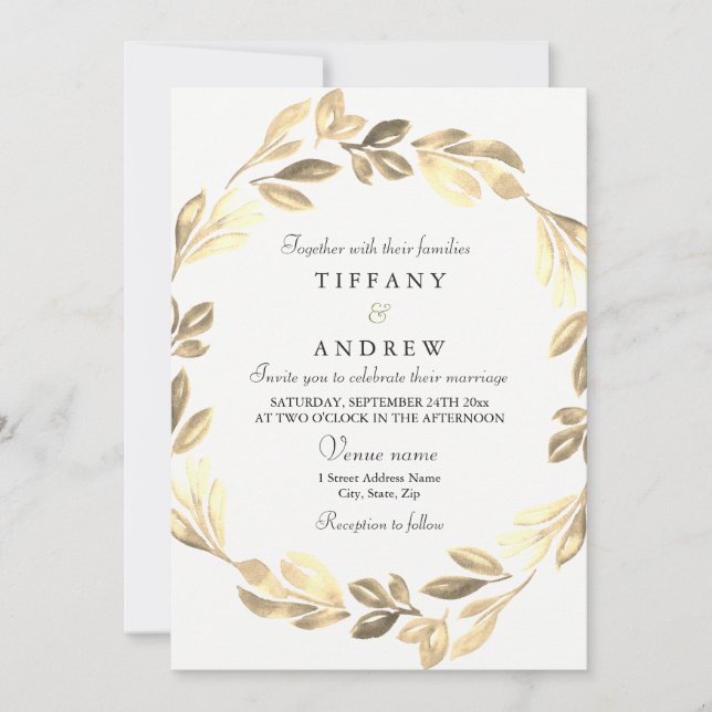 Elegant Golden Wreath Wedding Invite (Front)