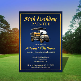 Elegant Golf Theme Cart Blue Gold 50th Birthday Invitation