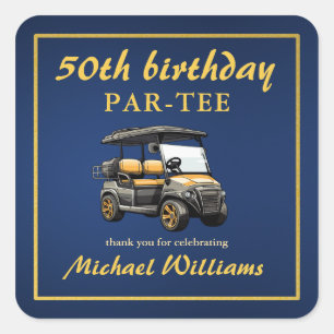 Elegant Golf Theme Cart Blue Gold 50th Birthday Square Sticker