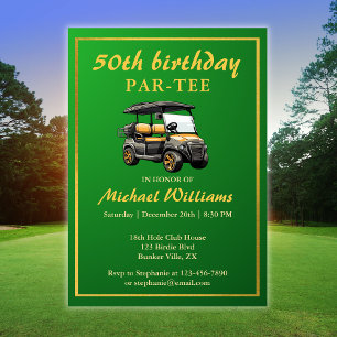 Elegant Golf Theme Cart Green Gold 50th Birthday Invitation