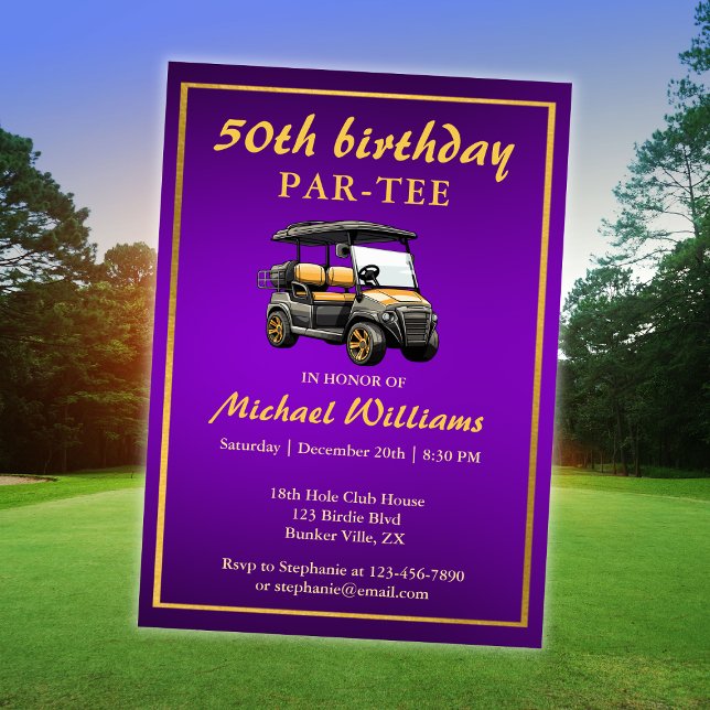 Elegant Golf Theme Cart Purple Gold 50th Birthday Invitation (Creator Uploaded)