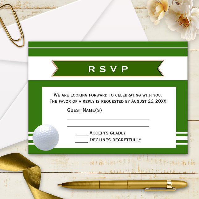 Elegant Golf Theme RSVP Wedding Invitation Card (Wedding RSVP invitation with a golf theme in simple green and white with a golf ball)