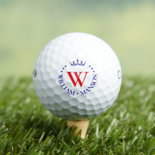 Elegant Golfer Monogram Royal Crown Stars Blue Red Golf Balls