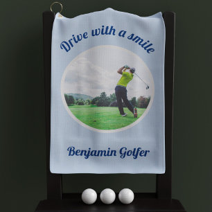 Elegant Golfer Photo Name Blue Golf Towel