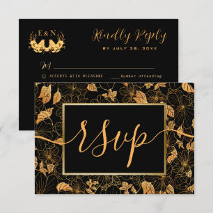 Elegant Gorgeous Black & Gold Foliage RSVP Card