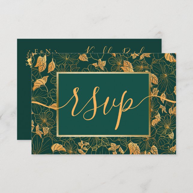 Elegant Gorgeous Emerald Green & Gold Foliage RSVP (Front/Back)