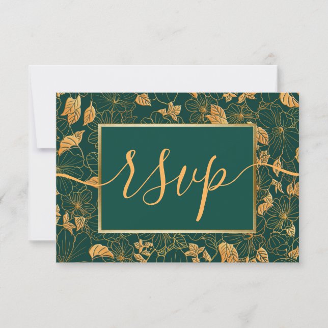 Elegant Gorgeous Emerald Green & Gold Foliage RSVP Card (Front)