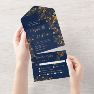 Elegant Gorgeous Gold Floral Foliage Navy Blue All In One Invitation