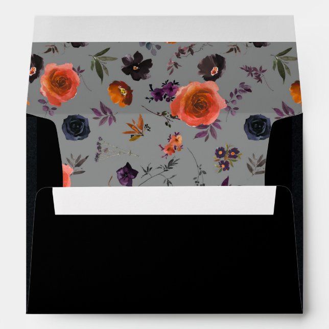 Elegant Goth Black Floral Wedding Invitation Envelope (Back (Bottom))