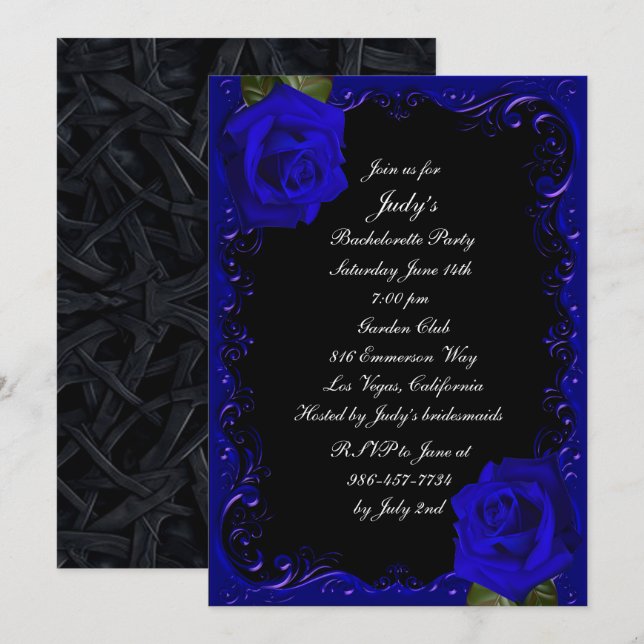 Elegant Goth Blue Roses Bachelorette Party Invitation (Front/Back)