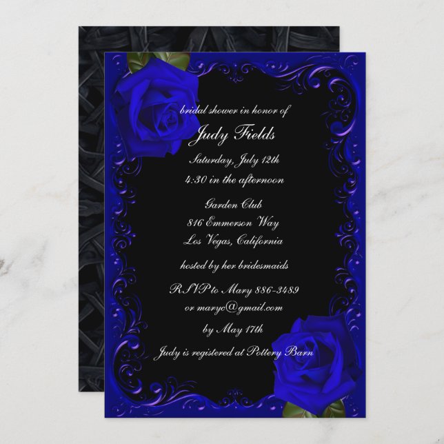 Elegant Goth Blue Roses Bridal Shower Invitation (Front/Back)