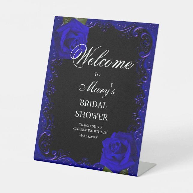 Elegant Goth Blue Roses Bridal Shower welcome Pedestal Sign (Front)