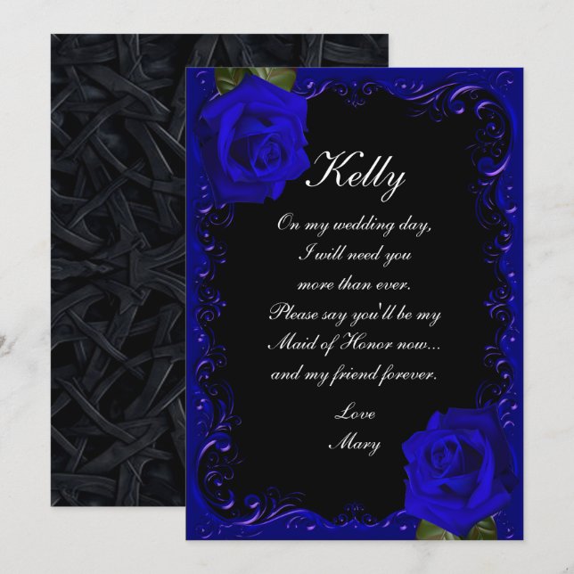 Elegant Goth Blue Roses Maid Of Honour Invitation (Front/Back)