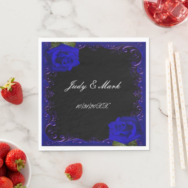 Elegant Goth Blue Roses Paper Napkins (Insitu)
