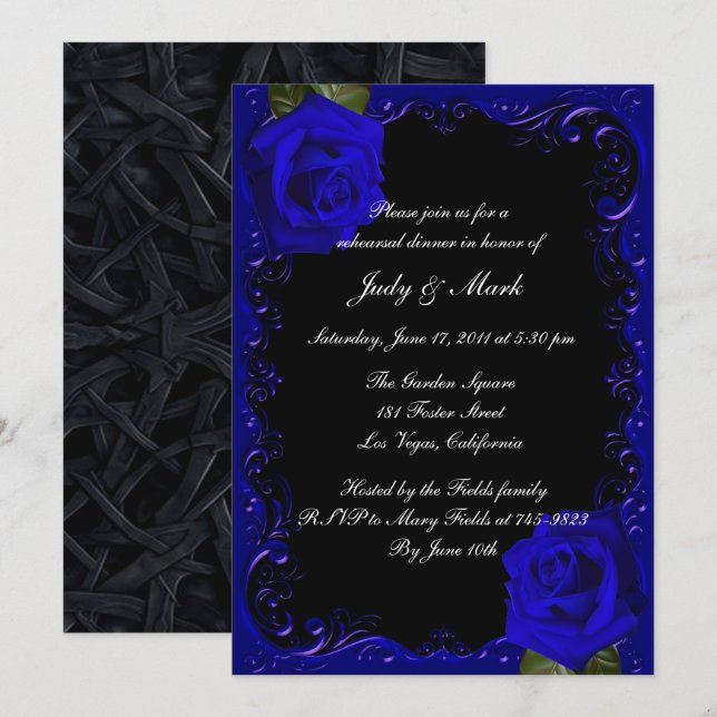 Elegant Goth Blue Roses Rehearsal Dinner Invitation (Front/Back)