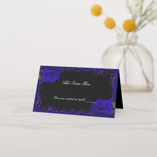 Elegant Goth Blue Roses Table Place Card (Front)