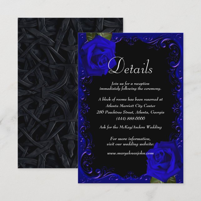 Elegant Goth Blue Roses Wedding Details Card (Front/Back)