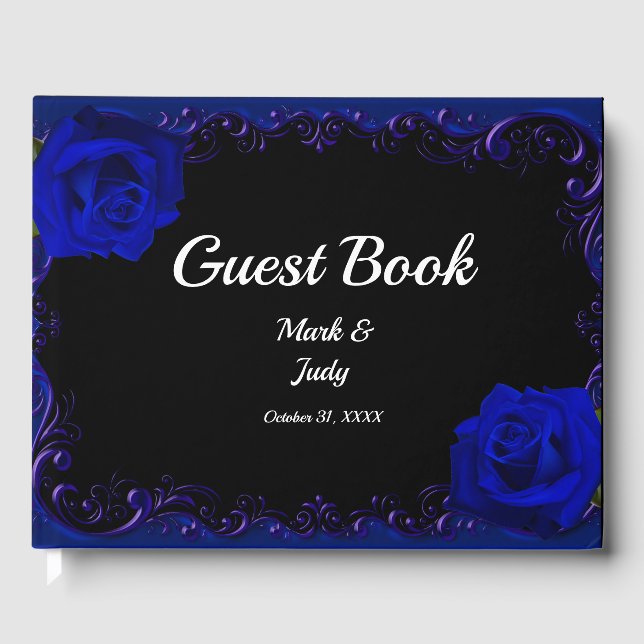 Elegant Goth Blue Roses Wedding Guest Book (Front)