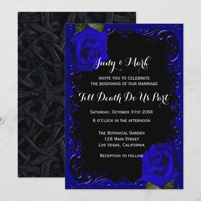 Elegant Goth Blue Roses Wedding Invitation (Front/Back)