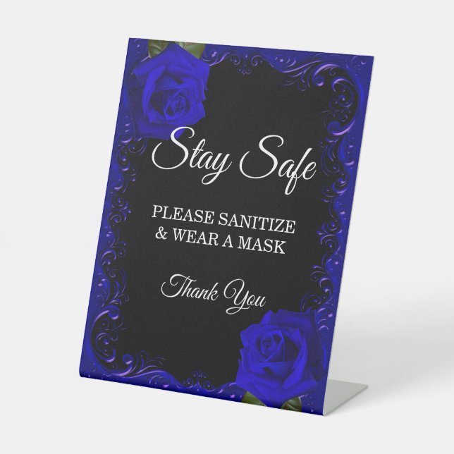 Elegant Goth Blue Roses Wedding Safety Measures  Pedestal Sign (Front)