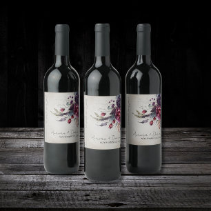 Elegant Goth Floral Watercolor Wedding Wine Label