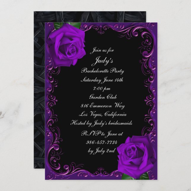 Elegant Goth Purple Roses Bachelorette Party Invitation (Front/Back)