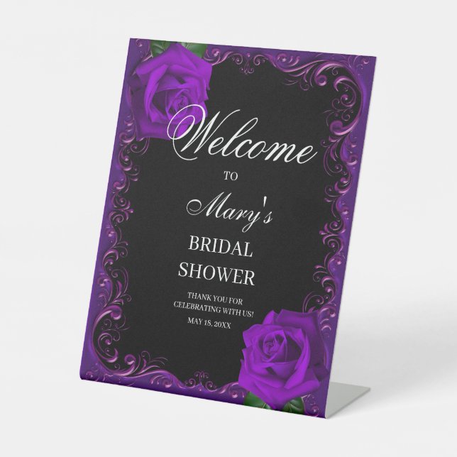 Elegant Goth Purple Roses Bridal Shower welcome Pedestal Sign (Front)