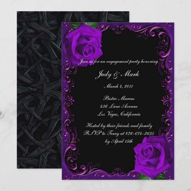Elegant Goth Purple Roses Engagement Party Invitation (Front/Back)