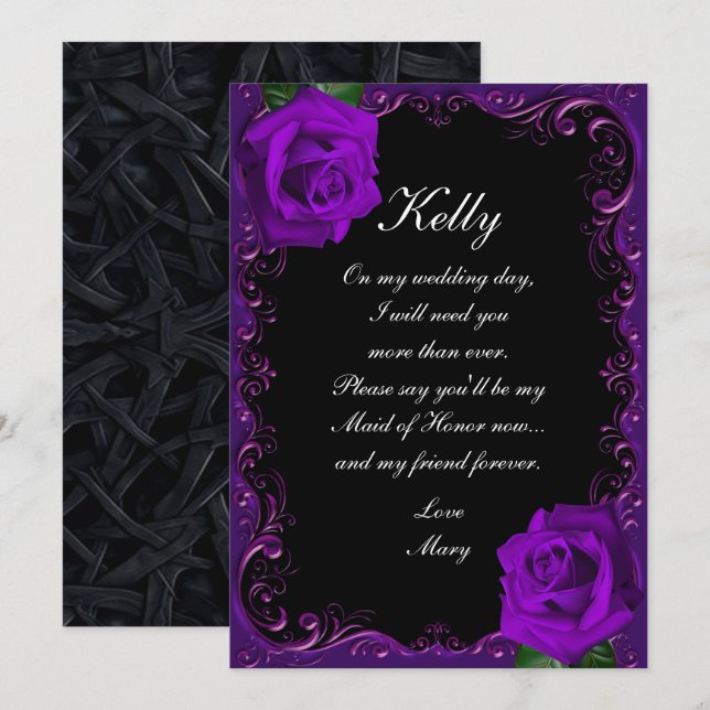 Elegant Goth Purple Roses Maid Of Honour Invitation (Front/Back)