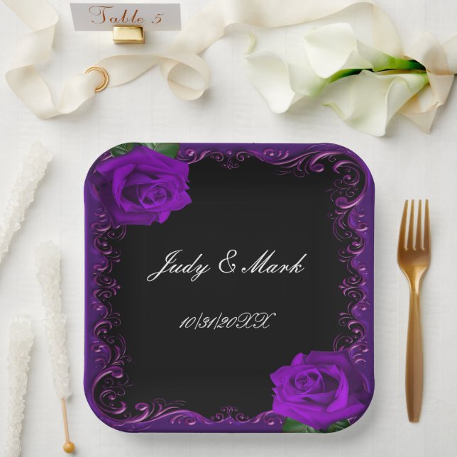 Elegant Goth Purple Roses Paper Plate (Wedding)