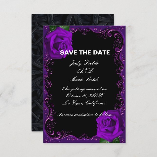 Elegant Goth Purple Roses Save The Date Enclosure Card (Front/Back)