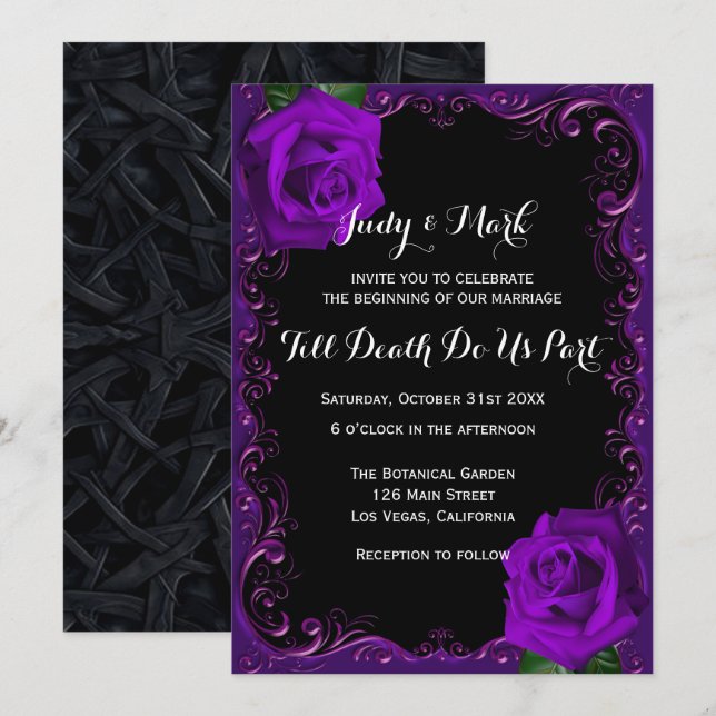 Elegant Goth Purple Roses Wedding Invitation (Front/Back)